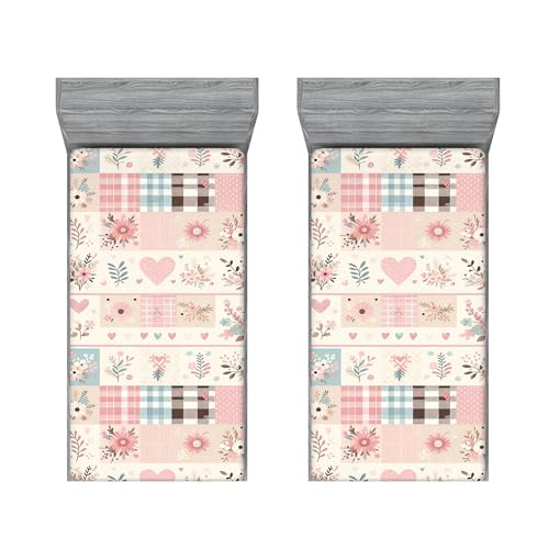 Ambesonne Romantic Fitted Sheet Set, Simple Scandi Leaves and Floral with Plaid Ornaments Pastel Tone Print, Bed Cover with All-Round Elastic Deep Pocket 2 Pcs, Twin XL Size, Blush Beige Slate Blue