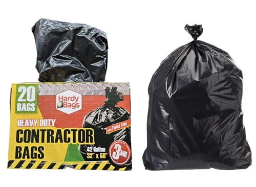 Hardy Bags Contractor Trash Bags – 42 Gallon Heavy-Duty, 3 Mil Thick, 20 Count Box, Extra Strong Construction, Tear & Puncture Resistant (Contractor, Pack of 1)
