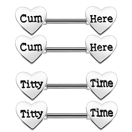 hatisan 4PCS 14G Stainless Steel Nipplerings Barbell Heart with Carved Cum Here Nipple Rings Piercing for Women Men in Body Piercing Jewelry (Cum Here + Titty Time)