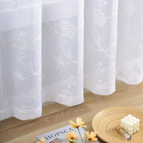 Image of Embroidery Sheer Curtains White 95 Inches, Floral Pattern Window Treatments Rod Pocket Drapes for Living room, Bedroom, Semi Voile Curtain Panels for Yard, Patio, Villa, Parlor, Set of 2, 52 inchx 95 inch.