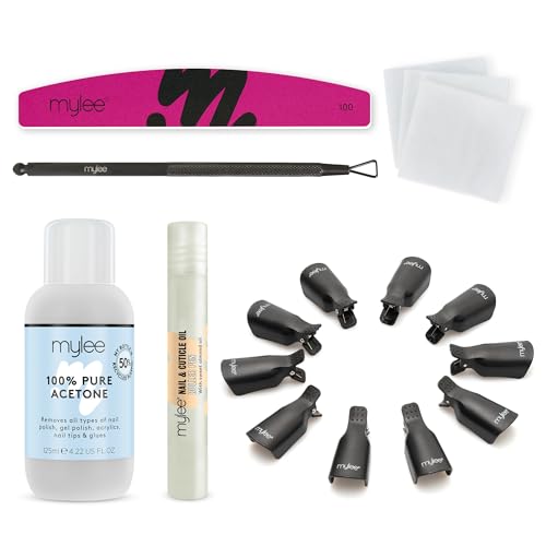 Mylee Take Off Ultimate Nail Gel Polish Removal Kit Complete Set for Quick Hassle-Free & Salon-Quality Results Includes Acetone Reusable Clips Nail Wipes Nail File Cuticle Oil Pen & Gel Scraper