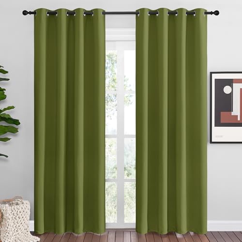 Image of NICETOWN Olive Green Blackout Curtains 86 inches Length for Living Room, 2 Panels, 55 inch Wide, Thermal Insulated Long Drapes for Large Window