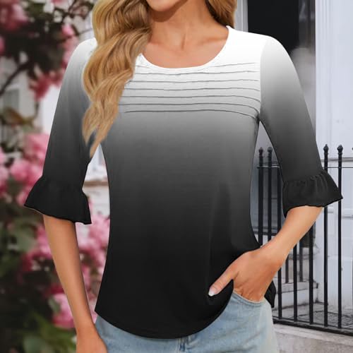 Womens Tops Dressy Casual Round Neck Pleated Front Blouse Cute Print Ruffle Bell Sleeve Shirt Tunic Cotton Pullovers4