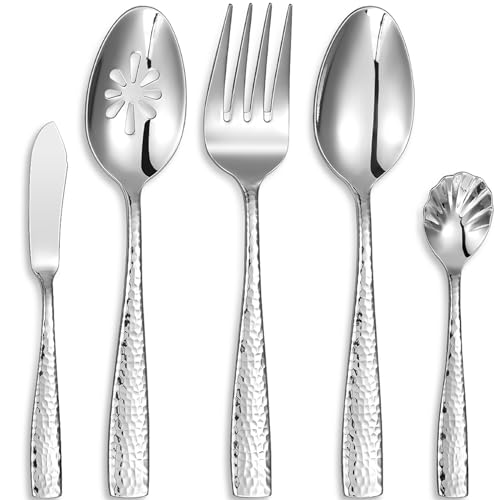 Keawell Premium Louis Hammered Serving Spoons, 18/10 Stainless Steel, Fine Spoon Set With Squared Edge cover