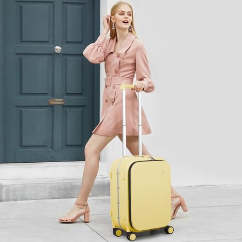 Image of mixi Luggage Suitcase with Spinner Wheels, Travel Luggage Aluminum Frame PC Hardside with TSA Lock & Cover, Lark Yellow, 20-inch, Minimalist