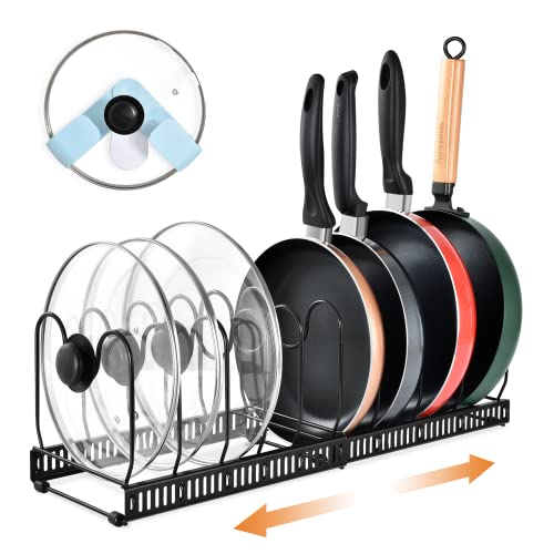 aceyoon Porte-casseroles Placard Extensible Rangement Casseroles Cuisine Ajustable 10 Compartiments Range Poêles Organisateur de Poêle sous Évier avec Support pour Couvercles Noir Cover