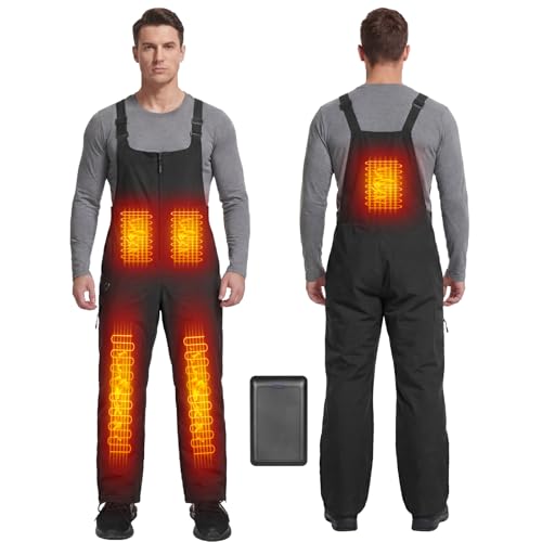 Qdreclod Mens Waterproof Heated Insulated Bib Overalls with 16000mAH Battery Pack - Ski Winter Snow Overalls Relaxed Fit 6 Heating Zones 3 temperature settings adjustment for Work Fishing Hunting