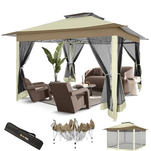 Image of HOTEEL 13x13 Pop Up Gazebo Canopy Tent Easy Up Outdoor Gazebo Waterproof Upgrade Portable Gazebo with Mosquito Nettings, Double Vented Roof and Carry Bag for Patio Garden Lawn(Khaki)