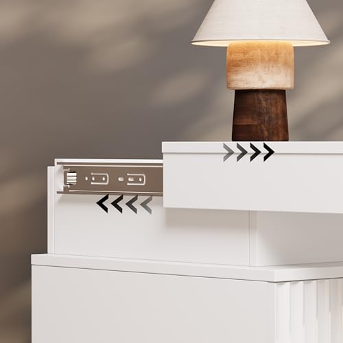 Image of Fluted Nightstand with Hidden Charging Station, LED Light, USB Ports, AC Outlets, Sliding Top, 3 Drawer Storage, Modern Bedside Table for Bedroom, White