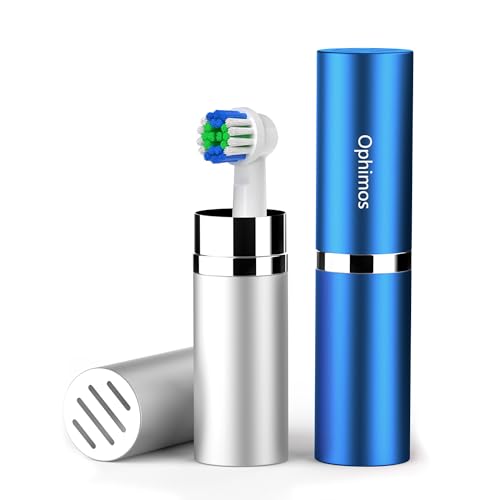 Ophimos Aluminum Toothbrush Head Case,Metal Toothbrush Protector Cover with Ventilation Holes,Portable Travel Holder for Oral-B Philips Power Toothbrush & More (Silver+Blue, 2 Count)