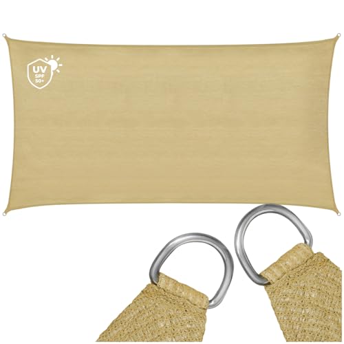 tectake® Sonnensegel, reißfestes HDPE Gewebe, 87% UV Schutz, Sonnenschutz Sichtschutz Balkon, Sichtschutz Garten, für Pergola, Windschutz Terrasse, mit Ösen und Spannseile - rechteckig, Sand, 2 x 4 m