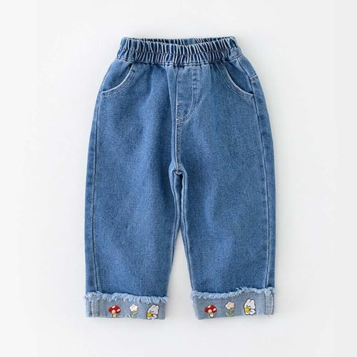 12Months-5Years Toddler Jeans, Mushroom Embroidery Elastic Waist Denim Pants2