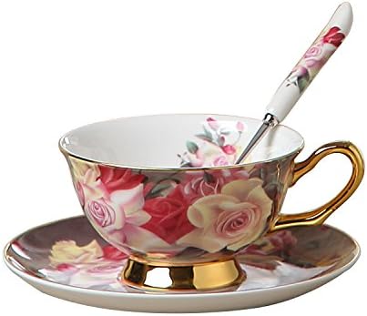 LanHong Noble Luxury Bone Coffee Tea Cup with Saucer Spoon Set Ceramic Mug 200ml Advanced Porcelain Tray for Office Cafe Party Home (Flowers II)