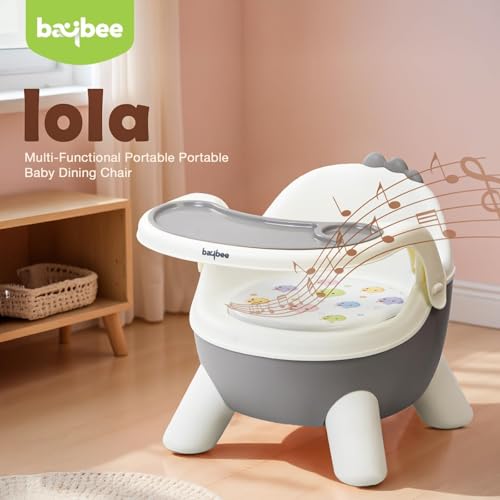 Image of Baybee Booster Chair for Baby with Removable Dining Tray & Cushion | Wide base, Anti-slip design, Portable (Grey)
