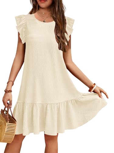 YOVION Girls Summer Boho Flutter Sleeve Ruffle Tiered Swing Casual Sundress with Pockets for 6-12 Y
