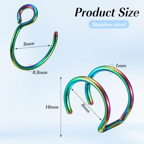 Nose Rings Hoops Double Hoop Nose Ring, 10 Pcs Fake Noses Ring Lip Rings Stainless Steel Fake Lip Piercing Clip On Ear Cuffs Non Piercing Jewelry for Women Men, 8mm3