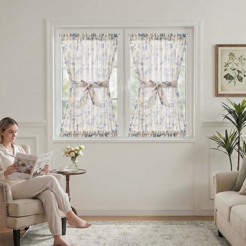 Image of jinchan Floral French Door Curtain Panel Farmhouse Decor Light Filtering Linen with Tie Up Bow for Glass Door or Patio 40 Inch Length Rod Pocket 1 Panel Blue on Linen