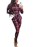 Deloreva Women Plaid Romper Jumpsuit Long Sleeve High Neck Bodycon Fall Outfit Pants Set Playsuit L, 7 burgundy