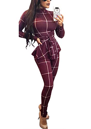 Deloreva Women Plaid Romper Jumpsuit Long Sleeve High Neck Bodycon Fall Outfit Pants Set Playsuit L, 7 burgundy