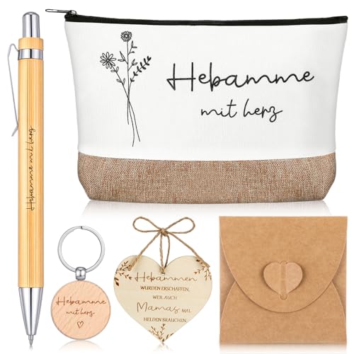 Nezyo Hebamme Geschenk inklusive Hebammetasche Schlüsselanhänger Kugelschreiber Holzscheibe mit Umschlag Dankschön Geschenk für Hebamme Danke Dankbar Geburt Midwife