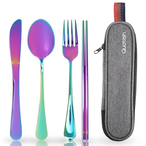 Quatish Camping Besteck, 5 Stück Edelstahl Reisebesteck mit Etui, Besteckset to Go, Campingbesteck für Unterwegs, Outdoor, Reise, Arbeit, Schule,...