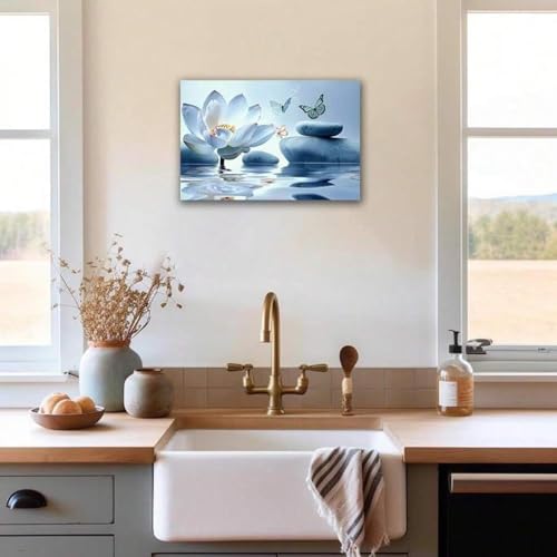 Décoration salle de bain spa avec tableau zen bleu et lotus blanc encadré 60x80cm