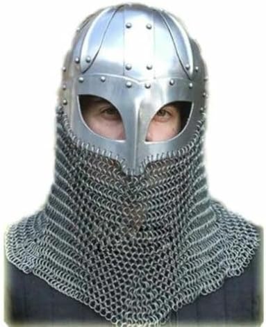 Medieval Norman Knight Helmet with Chainmail, Silver Metal, One Size Fits Most Adults, Viking Style Costume Headwear for Gladiator Theme, 14 Years and Up
