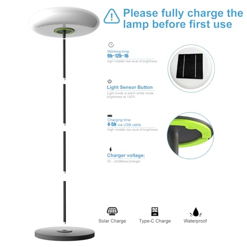 Image of Lightdot Solar Outdoor Floor Lamp for Patio, Waterproof USB Rechargeable Cordless Floor Lamp with 3 Brightness Modes,Height Adjustable(Max 74IN),Warm White 3000k Standing Solar Lights for Yard Garden