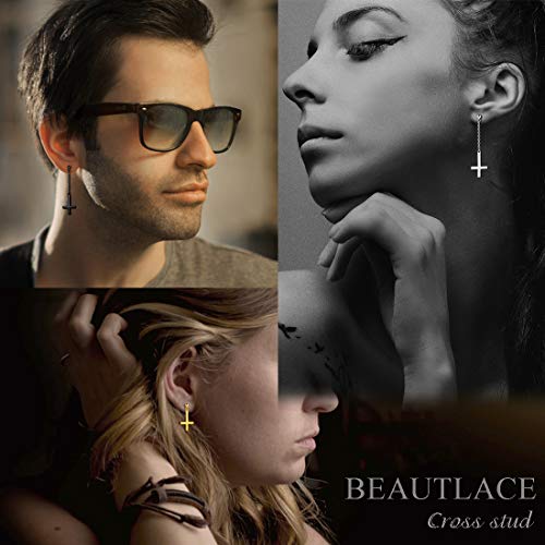 Beautlace Mens Inverted Cross Stud Earrings 925 Sterling Silver Asymmetry Upside Down Cross Dangle Earrings Black Gun Plated Clip On Religious Jewelry Gift For Women Ke0036K #TOP2