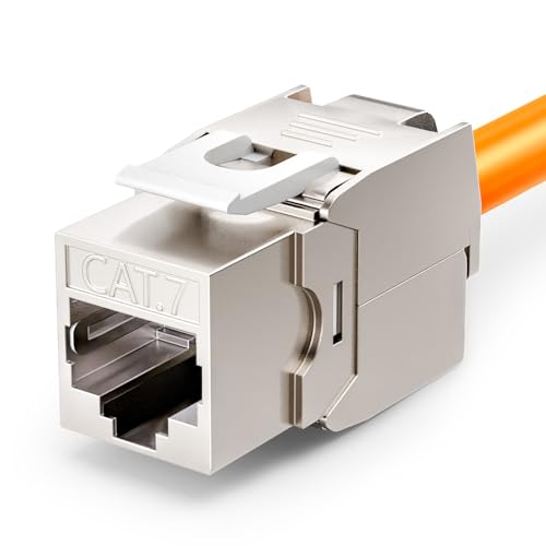 VCELINK 1x CAT7 Keystone RJ45 Módulo Buche, para cable LAN 10 Gbit/s hasta 600 MHz AWG 22-24 & PoE, sin herramientas LSA, Buche de instalación completamente apantallada para panel de conexiones y toma