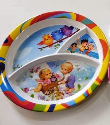 Cartoon Character 3 Section Round Melamine Plate for Kids - Melamine Dinner Plates 2 pcs. (Yellow)