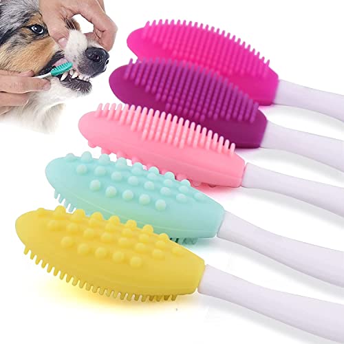 Norhogo 5 cepillos de dientes para perros, cepillo de dientes para el cuidado dental del perro, silicona de doble cara, suave, cómodo, juego de cepillos de dientes de mango largo curvado para pequeños