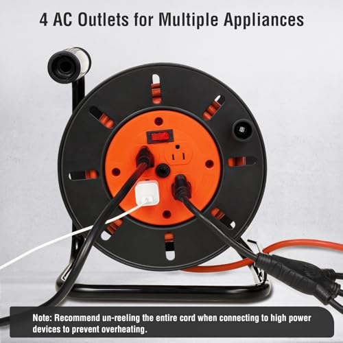 Image of SURAIELEC Extension Cord Storage Reel, 15 AMP Overload Switch, 4 Outlets, Holds 100 ft 16 /3, 14 /3 or 75ft 12 /3 Cord, Hand Crank Electric Empty Power Cord Spool, (3, Black)