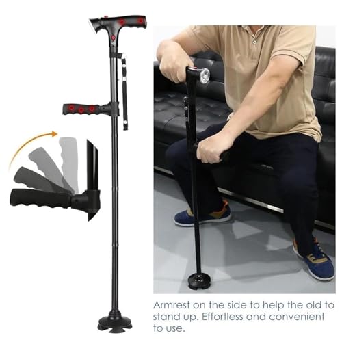 Bastón plegable telescópico con luz LED y alarma, altura ajustable, anticaídas, antideslizante, para personas mayores, ideal para ancianos y cuidadores