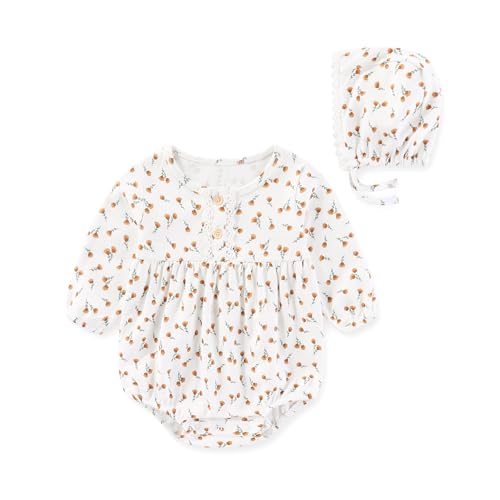 Newborn Baby Girl Clothes Cotton Bubble Rompers Infant Outfit Floral Long Sleeve Bodysuit, 3 Pack2