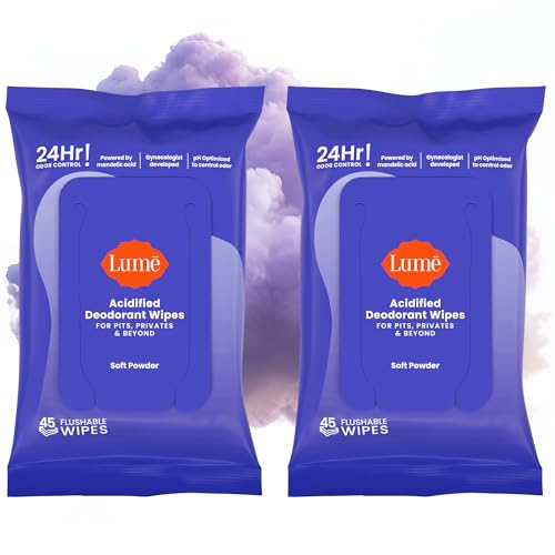 Image of Lume Acidified Deodorant Wipes - 45 ct, 2 pk (Soft Powder) | 24-Hour Odor Control, Aluminum & Baking Soda Free, Hypoallergenic, Flushable Whole-Body Deodorant Wipes