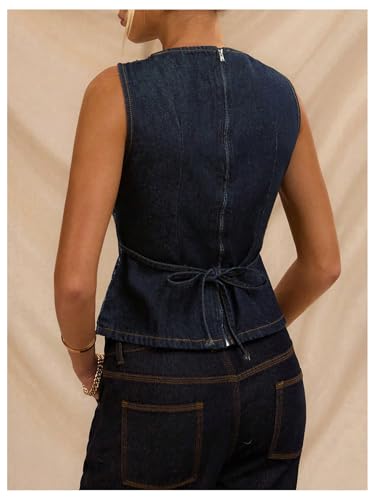 MakeMeChic Women's Floral Denim Vest Crew Neck Zip Back Sleeveless Elegant Jean Tops2