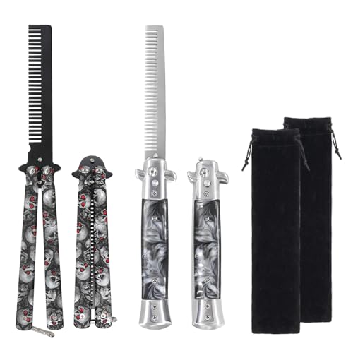 2 Pack Automatic Switch Folding Practice Combs Stainless Steel Butterfly Comb Switchblades Comb Outdoor Training Pocket Combs Hair Brush for Beard Mustache Hair Styling Tools(Skull)