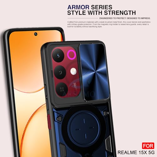 Image of AESTMO Armor realme 15X 5g / C85 5g Bumper Back Case Cover | Ring Holder & CD Pattern Sliding Camera Shutter Cover | Back Case Cover for realme 15X 5g / C85 5g (Blue)