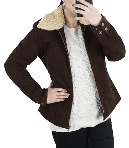 Veste motard daim femme col fourrure marron veste de luxe de style western chic