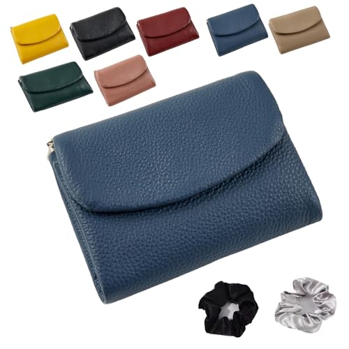 Precious Wallet for Women, Unisex Pebble Leather Wallet, Short Genuine Leather Coin Purse with RFID Zipper (Dark Blue)