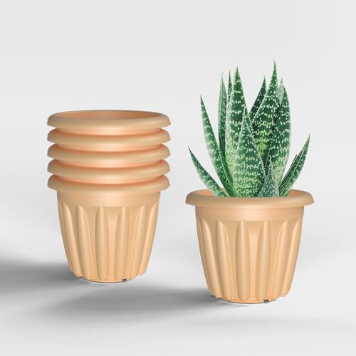 Image of YUCCABE ITALIA SHERA Floot Plastic Flower Pot Round Planter Suitable for Indoor Outdoor Kitchen Garden (Beige, 6 INCH - 6 Pcs)