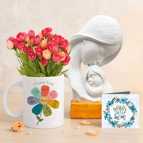 Image of TIED RIBBONS Gift for Mom, Birthday Gift for Mom Wife Women Mother in Law Mummy (Mother with Child Statue, Artificial Flower Bunch, Ceramic Coffee Mug & Greeting Card) Set Combo