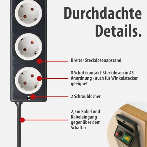 Brennenstuhl Super-Solid Steckdosenleiste 8-Fach mit Überspannungsschutz (Steckerleiste mit 2,5m Kabel und Schalter, Mehrfachsteckdose aus bruchfestem Polycarbonat) schwarz/grau – Bild 5