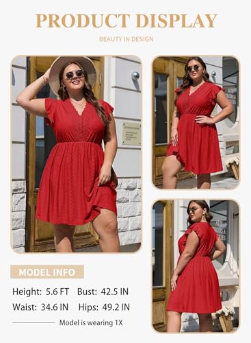 Image of Eytino Plus Size Dresses for Women Summer Ruffle Cap Sleeve Lace V Neck Embroidery Eyelet A Line Dress(1X-5X)