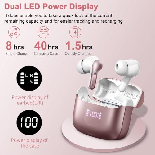 Image of Wireless Earbuds, Bluetooth 5.3 Headphones 2025 NEW Ear Buds 40H Bass Stereo in-Ear Earphones ENC Noise Cancelling Earbuds with 4 HD Mic, USB-C LED Display IP7 Waterproof Sport Headset for Android iOS