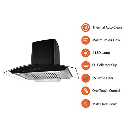 Image of Hindware Smart Appliances | Nevio 90 cm | 1200 m3 /hr Auto Clean Chimney | Baffle Filter | Curved Glass | Wall Mounted (Black)