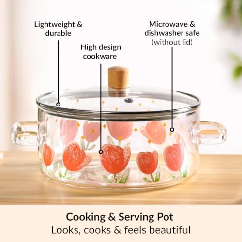 Image of Nestasia Glass Cooking Pot with Lid on Gas Stove (2.5L) - Tulip Printed Glass Casserole with Steam Vent for Cooking | Microwave & Dishwasher Safe, Lightweight & Durable Borosilicate Cookware