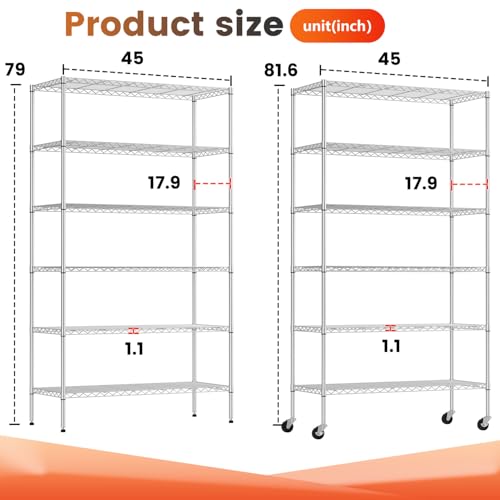 Image of BestOffice | 6-Tier Wire Storage Shelves with Wheels | 18x45x82 | Chrome | Adjustable Racks | Heavy-Duty Metal Shelf, Holds Upto 2100 lbs | No-Tool Assembly | Ideal for Home & Garage Shelving