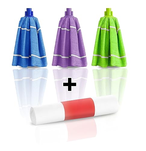 Lote de 3 recambios de Fregona de paño a Doble Cara 100% Microfibra + Regalo de un Rollo de bayeta. Absorbentes, Resistentes y Lavables. Cabezal o Casquillo Universal de plástico Anti ralladuras